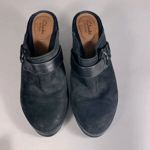 Clarks artisan mule heels black grey western size 9 leather buckle ring